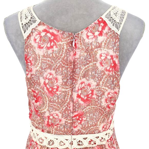 Free People Dress Womens 10 Maxi Ivory Red Pink Floral Lace Trim Lined Chiffon - Picture 9 of 13